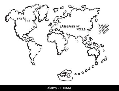 Lingua mappa di apprendimento con la bocca parlando cartoon, la mappa è un discorso bolla. Mondo. Illustrazione Vettoriale