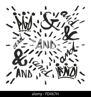 Ampersand e' e 'typo set. Ogni simbolo è raggruppato separatamente, vi sono 11diversi simboli e ulteriori forme decorative. Illustrazione Vettoriale