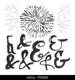 Ampersand set e un sunburst. Ogni simbolo è raggruppato separatamente, vi sono 8 '&', 1 sunburst e forme decorative. Desig Illustrazione Vettoriale