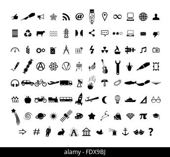 Set di 95 icone nere: Web, Media, istruzione, industrie. Illustrazione Vettoriale