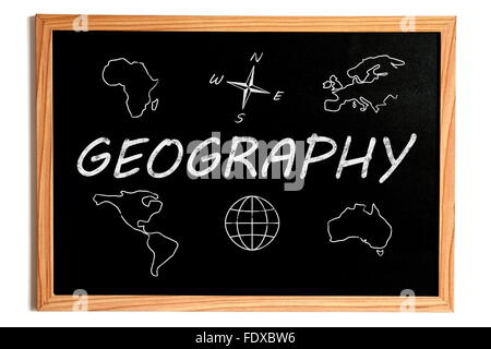 La geografia di Chalk testo e simboli correlati sulla lavagna su sfondo bianco Foto Stock