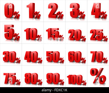 Percentuale di rosso la serie dei numeri su sfondo bianco illustrazione Foto Stock