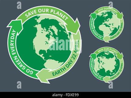 Scudetti del globo e frecce con la Giornata della Terra di slogan scritto all'interno. EPS8 illustrazione vettoriale. Illustrazione Vettoriale