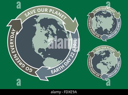 Scudetti del globo e frecce con la Giornata della Terra di slogan scritto all'interno. EPS8 illustrazione vettoriale. Illustrazione Vettoriale