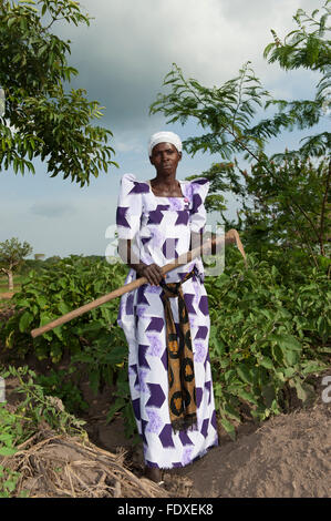 Signora ugandesi in campo con la sua zappa, pronto a lavorare il suo colture. Uganda. Foto Stock