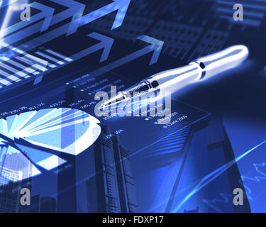 Illustrazione a colori degli affari finanziari e di tabelle e grafici Foto Stock