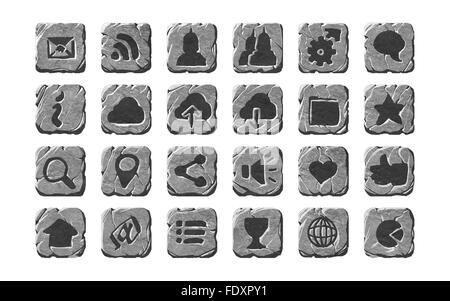 Un set di pietra realistica strutturata interfaccia utente Pulsanti e icone Foto Stock