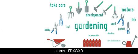 Utensili da giardinaggio set di illustrazione. Design piatto utilizzando i colori dell'interfaccia utente, circondato dalle parole. Illustrazione Vettoriale