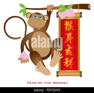 2016 Nuovo anno lunare cinese della scimmia Zodiac con la longevità di pesche e testo in cinese di buona fortuna nell'Anno della Scimmia sul divieto Foto Stock