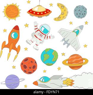 Set di grazioso spazio esterno elementi, astronauta, pianeti, razzi. illustrazione vettoriale Illustrazione Vettoriale