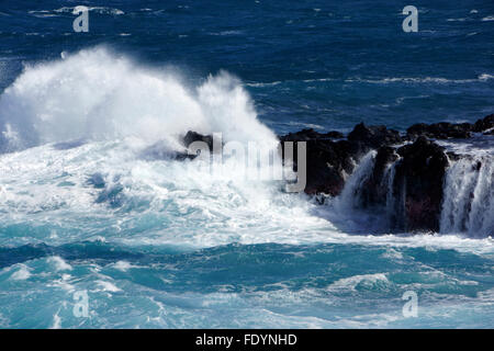 Onde da surf sulle scogliere SW costo isola della Réunion, Francia Foto Stock