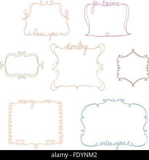 Set di cornici doodle con amore,miss,sposarsi messaggio. semplice e carino disegnato a mano gli elementi del design di vettore. Illustrazione Vettoriale