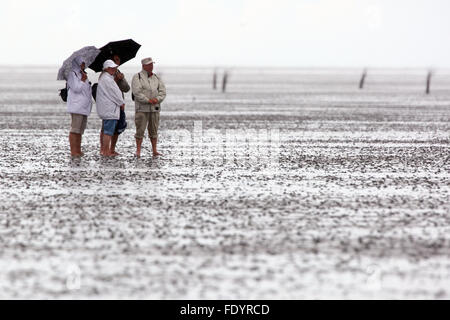 Cuxhaven, Germania, le persone in condizioni di tempo piovoso nel mare di Wadden Foto Stock