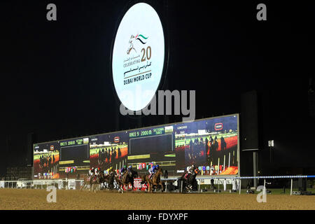 Dubai, Emirati arabi uniti, cavalli e fantini durante il ventesimo Dubai World Cup prima lo schermo video Foto Stock