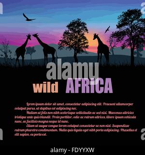 African Safari poster. Animali selvatici sagome sul tramonto con lo spazio per il tuo testo, illustrazione vettoriale Illustrazione Vettoriale