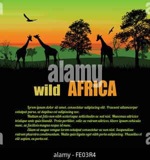 African Safari poster. Animali selvatici sagome sul tramonto con lo spazio per il tuo testo, illustrazione vettoriale Illustrazione Vettoriale