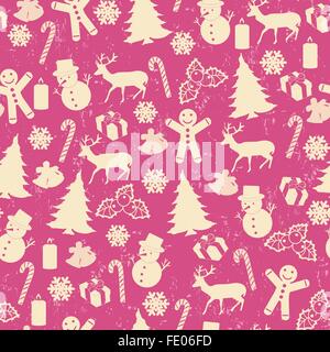 Modello senza giunture per Natale in stile vintage con elementi di Natale, illustrazione vettoriale Illustrazione Vettoriale