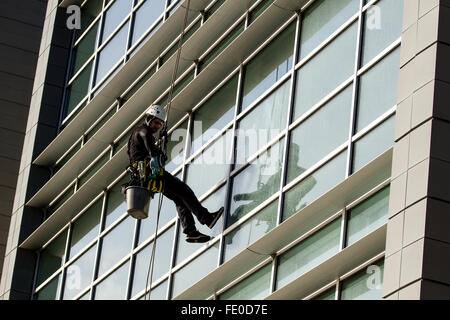 Detergenti per finestre sospesa in alto in sede i cavi elettrici sulle corde di cordata lavaggio appartamento di lusso windows a Dundee, Regno Unito Foto Stock