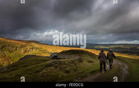 Due persone a piedi un cane nella luce e ombra su rurale Burley Moor, Wharfedale scena, West Yorkshire, Inghilterra Foto Stock