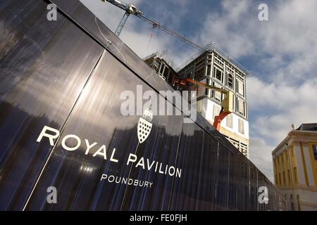 Costruzione di Royal Pavilion, lavori di costruzione sulla regina madre quadrato al Poundbury, Dorset, Gran Bretagna, Regno Unito Foto Stock