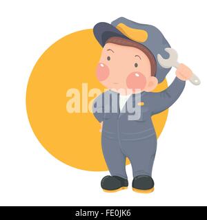 Illustrazione Vettoriale di servizio uomo meccanico con chiave in grigio di usura di lavoro sul cerchio giallo sfondo, personaggio dei cartoni animati Illustrazione Vettoriale