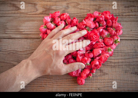 Cuore di rose rosse in background in legno, ricoperto da un lato di rappresentare sentimenti personali Foto Stock