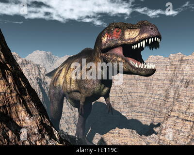 Tyrannosaurus rex ruggente in un canyon - 3D render Foto Stock
