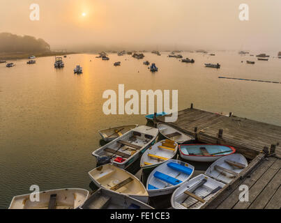 Central Coast, Maine: nebbia mattutina sul porto di amicizia con i gommoni al pontile Foto Stock