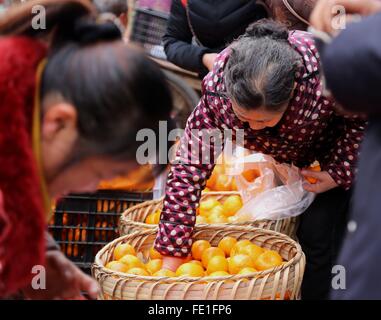 Yuqing. 4 febbraio, 2016. La gente compra arance in un mercato di un paese in Yuqing County, a sud-ovest della Cina di Guizhou, Febbraio 4, 2016 per salutare il prossimo Festival di Primavera che cade il 8 febbraio Credito: Zhang Hui/Xinhua/Alamy Live News Foto Stock