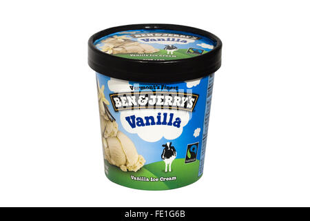 Tagliare fuori. Una pinta di Ben & Jerry's "vaniglia' gelati su sfondo bianco Foto Stock