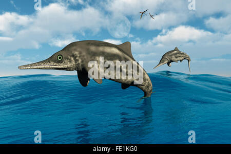 Ichthyosaurus salta fuori della loro casa acquosi. Foto Stock