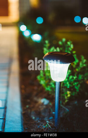 Illuminata piccola lanterna in letto giardino in serata d'estate. Garden Design di energia solare lampada. Foto Stock