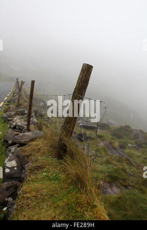 Viaggiando su una strada rurale in un giorno di pioggia in Dingle, Co. Kerry, Irlanda Foto Stock