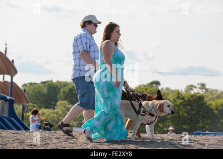 Cieco matura con i loro cani di servizio a piedi lungo la spiaggia Foto Stock