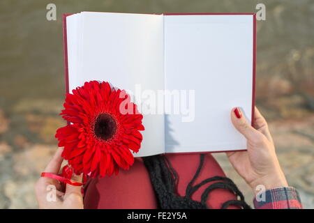 Ragazza romantica con un libro dal fiume bank holding fiore rosso Foto Stock