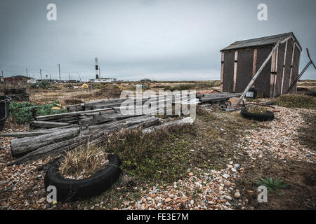 Capannone Dungeness con luce nuova casa Foto Stock