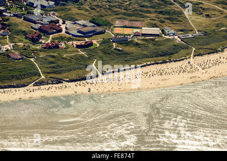 Spiaggia di sabbia, vista aerea, Langeoog, Mare del Nord, isola del Mare del Nord, Est Isole Frisone, Bassa Sassonia, Germania, Europa, antenna Foto Stock