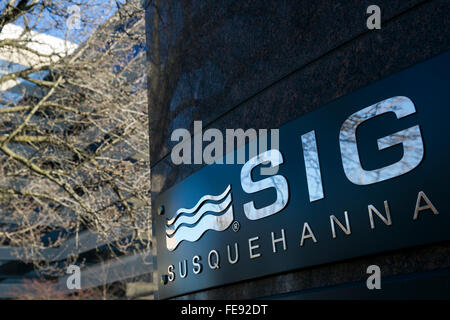 Un logo segno al di fuori della sede di Susquehanna International Group in Bala Cynwyd, Pennsylvania il 3 gennaio 2016. Foto Stock