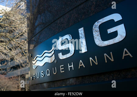 Un logo segno al di fuori della sede di Susquehanna International Group in Bala Cynwyd, Pennsylvania il 3 gennaio 2016. Foto Stock