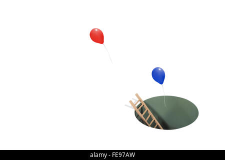 Palloncini flottante e un foro con una scala a pioli Foto Stock