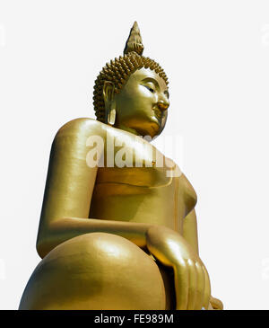 Golden statua del Buddha isolato su sfondo bianco. Foto Stock