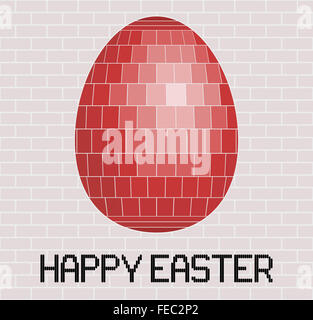 Felice Pasqua messaggio di saluto con un rosso d'uovo in piastrelle su un muro di mattoni in background. Foto Stock