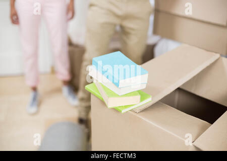 Libri giaceva su una scatola di cartone con coppia in background Foto Stock