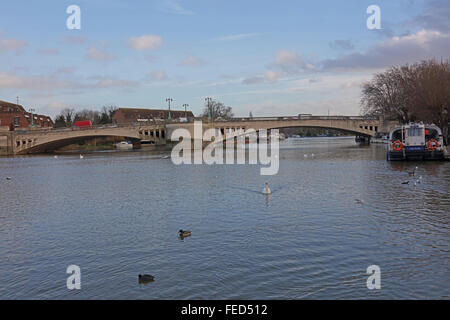 Una doppia arcata del ponte di calcestruzzo che attraversano il fiume Tamigi con un noleggio barca in primo piano lungo con anatre e cigni. Foto Stock