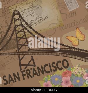 San Francisco poster vintage sul nostalgico retrò sfondo con vecchie cartoline, lettere e il Golden Gate Bridge, vector illustrat Illustrazione Vettoriale