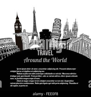 Viaggiare in tutto il mondo, vintage poster turistico su sfondo bianco con lo spazio per il tuo testo, illustrazione vettoriale Illustrazione Vettoriale