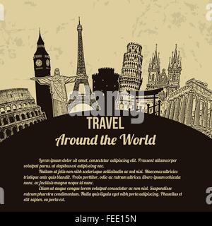Viaggiare in tutto il mondo, vintage poster turistico in stile retrò sfondo con lo spazio per il tuo testo, illustrazione vettoriale Illustrazione Vettoriale