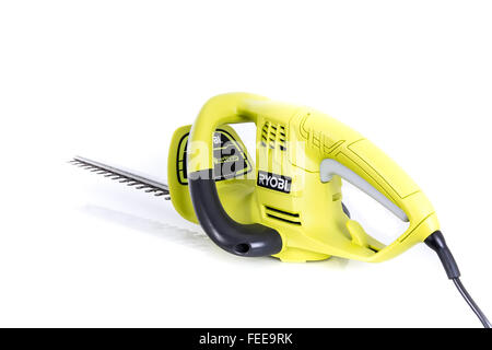 RYOBI Electric Tagliasiepi su sfondo bianco Foto Stock