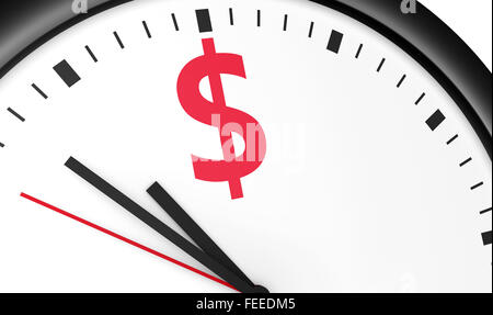 Il tempo è denaro concetto con un close-up di dollari segno e icona stampata su un orologio. Foto Stock