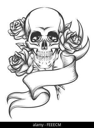 Cranio umano con rose e blanc nastro. Illustrazione in stile tatuaggio isolati su sfondo bianco Illustrazione Vettoriale